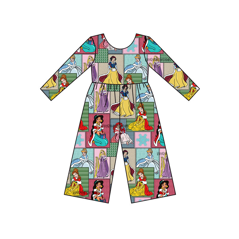 (Custom Design MOQ 5) Cartoon Princess Plaid Print Girls Christmas Jumpsuits