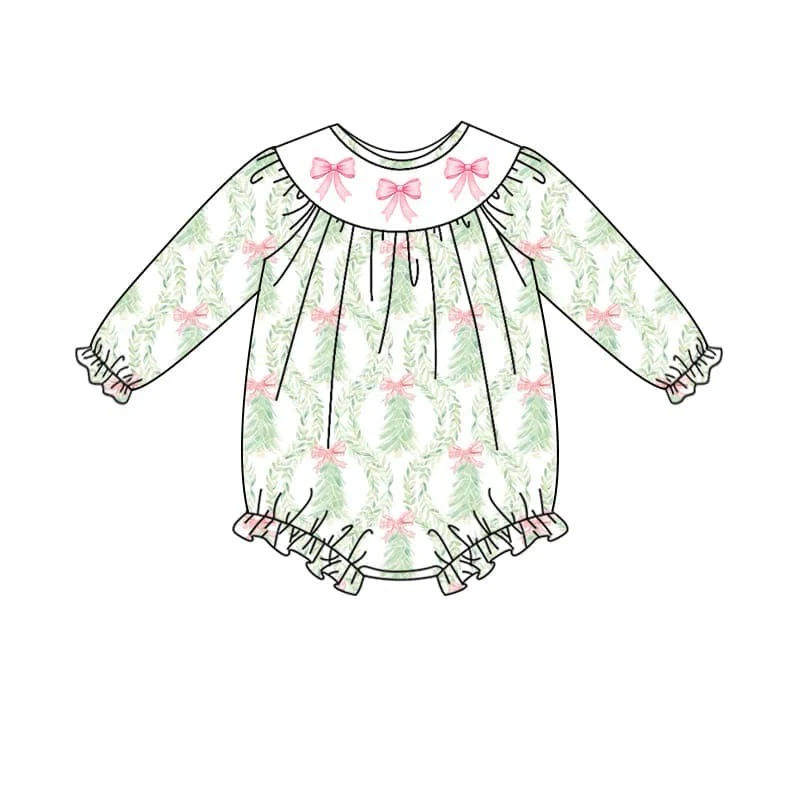 (Custom Design Preorder MOQ 5) Trees Bows Print Baby Girls Christmas Romper