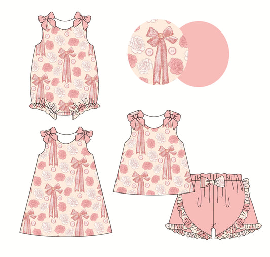 2.22(Custom Design Preorder MOQ 5 Each Design) Pink Bows Flowers Print Girls Summer Matching Clothes Sisters Wear