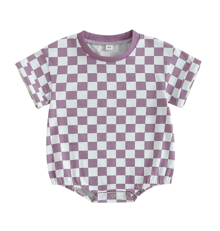 (Custom Design Preorder MOQ 5) Purple Plaid Print Baby Kids Summer Romper