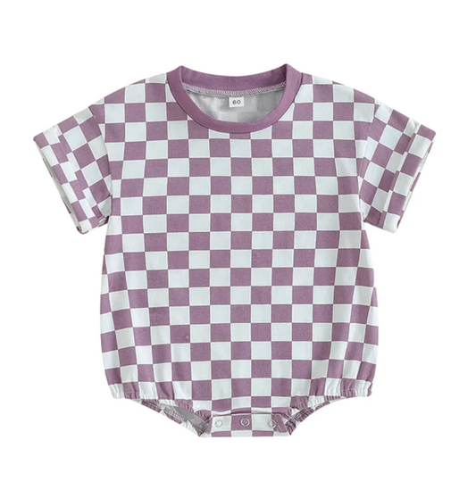(Custom Design Preorder MOQ 5) Purple Plaid Print Baby Kids Summer Romper