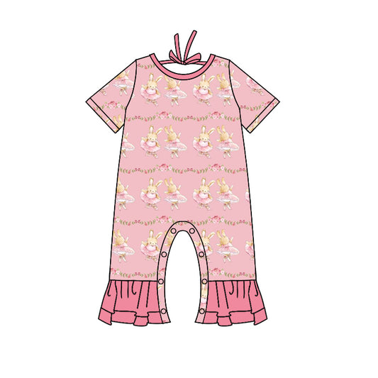 (Custom Design MOQ 5) Pink Bunny Print Baby Girls Easter Romper