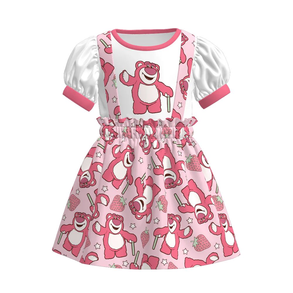 (Custom Design Preorder MOQ 5) Cartoon Bear Strawberry Top Suspender Skirts Girls Summer Clothes Set