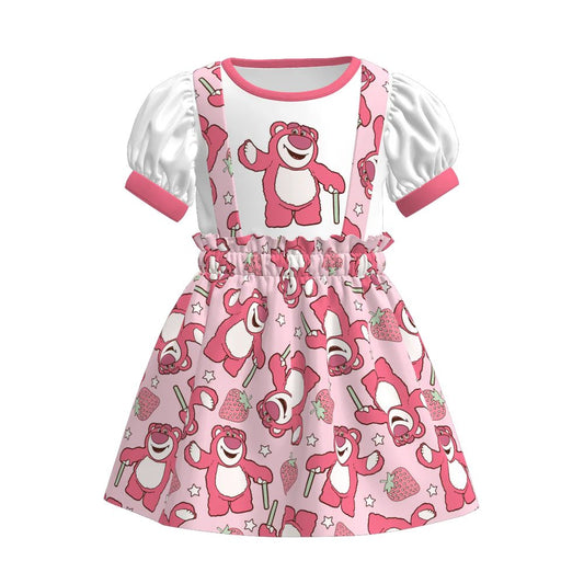 (Custom Design Preorder MOQ 5) Cartoon Bear Strawberry Top Suspender Skirts Girls Summer Clothes Set