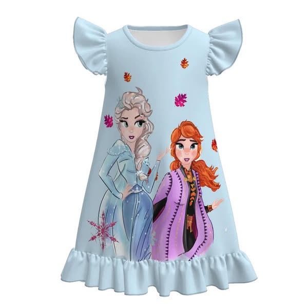 (Custom Design Preorder MOQ 5) Cartoon Princess Blue Print Girls Summer Knee Length Dress