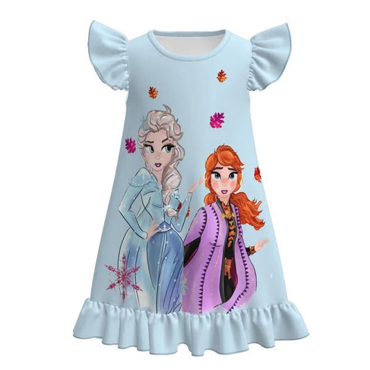 (Custom Design Preorder MOQ 5) Cartoon Princess Blue Print Girls Summer Knee Length Dress