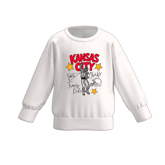 (Custom Design Preorder MOQ 5 ) Team's Kansas City Chiefs KC White Print Kids Long Sleeve Tee Shirts Top