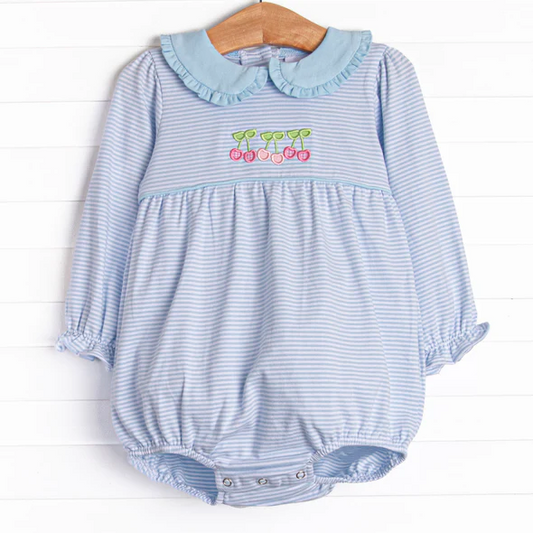 (Custom Design Preorder MOQ 5) Cherry Blue Stripes Print Baby Girls Fall Romper