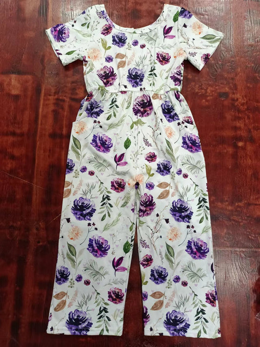 (Custom Design Preorder MOQ 5) Purple Flowers Print Girls Jumpsuits Baby Romper