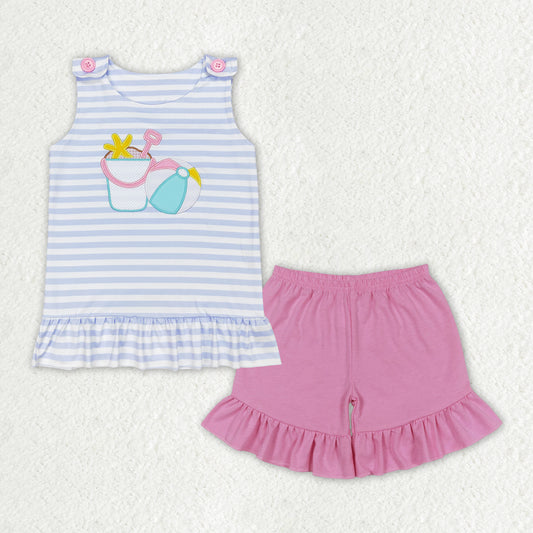 GSSO1102 Beach Ball Embroidery Stripes Top Pink Shorts Girls Clothes Set