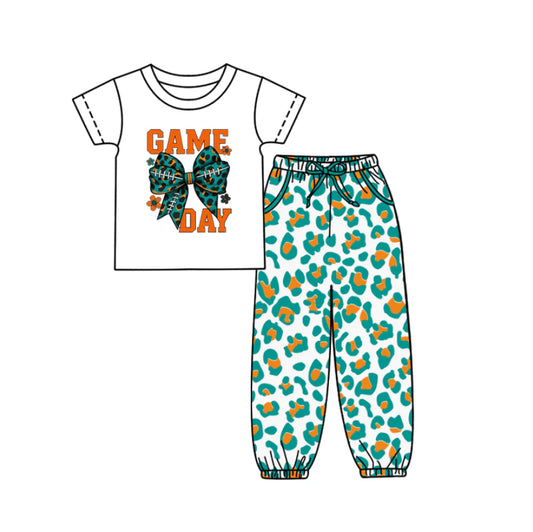 (Custom Design Preorder MOQ 5) Game Day Bow Top Orange Green Leopard Joggers Pants Girls Clothes Set