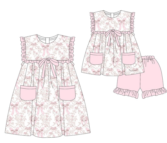 3.5(Custom Design Preorder MOQ 5 Each Design) Pink Flowers Bows Print Pockets Girls Summer Matching Clothes Sisters Wear