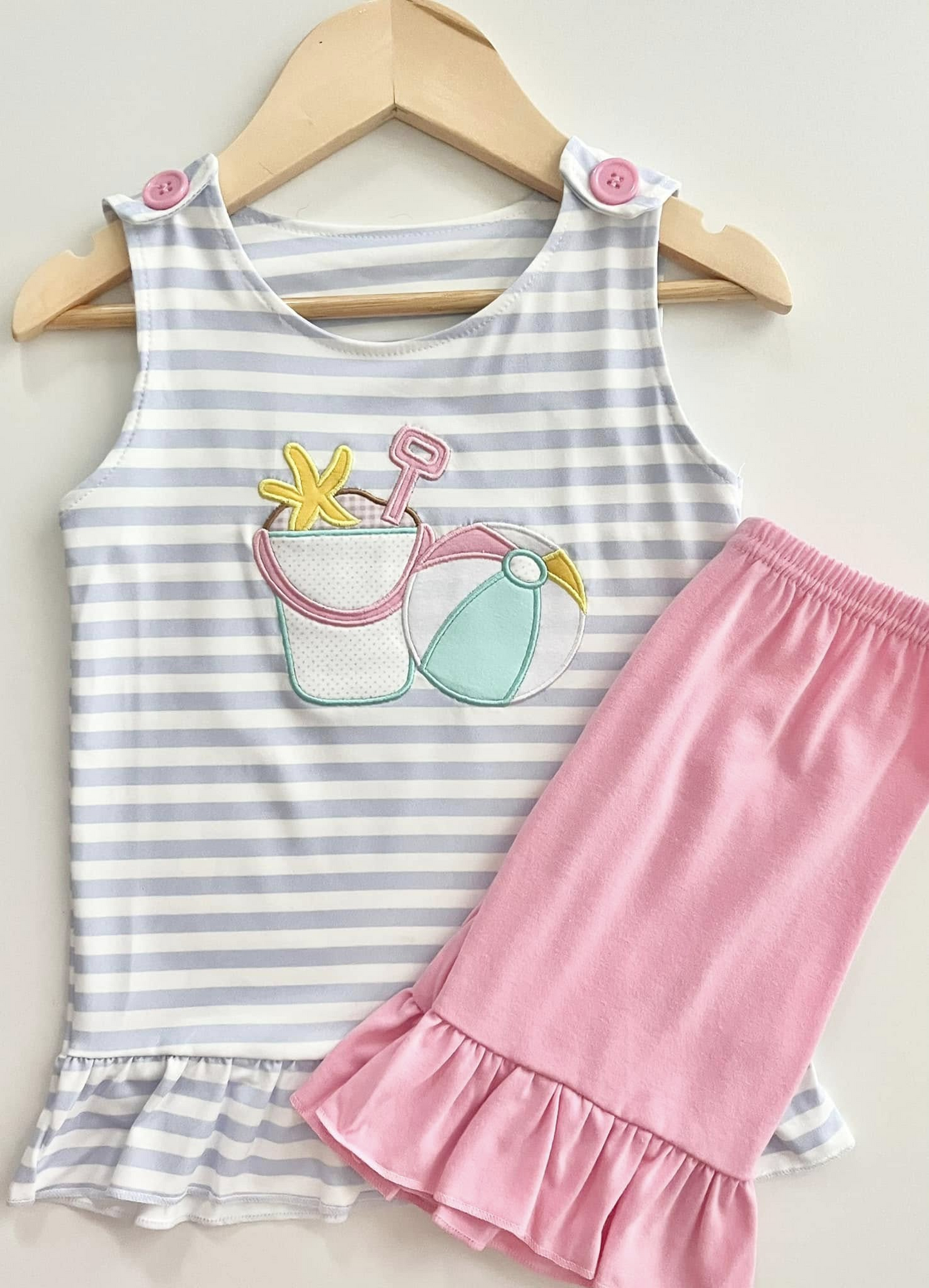 (Custom Design Preorder MOQ 5)  Sandbeach Ball Top Pink Shorts Girls Summer Clothes Set