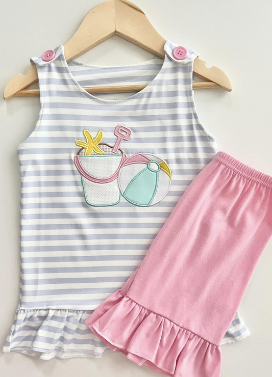 (Custom Design Preorder MOQ 5)  Sandbeach Ball Top Pink Shorts Girls Summer Clothes Set