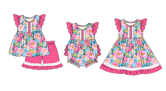 11.4(Custom Design Preorder MOQ 5 Each Design) Flowers Print Girls Summer Matching Clothes Set Sisters Wear