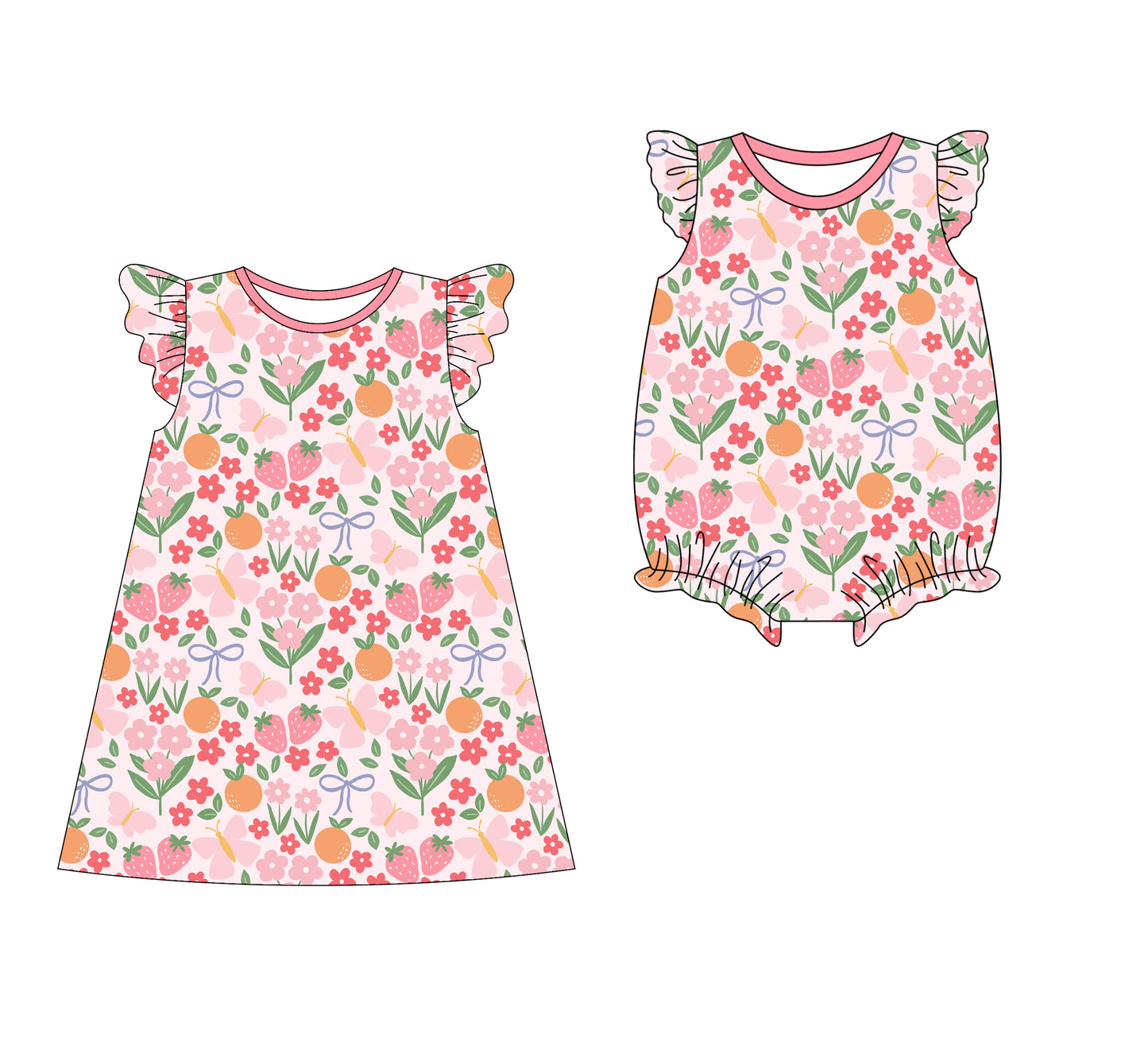 3.10(Custom Design Preorder MOQ 5 Each Design) Pink Flowers Strawberry Print Girls Summer Matching Clothes Sisters Wear