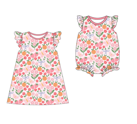 3.10(Custom Design Preorder MOQ 5 Each Design) Pink Flowers Strawberry Print Girls Summer Matching Clothes Sisters Wear