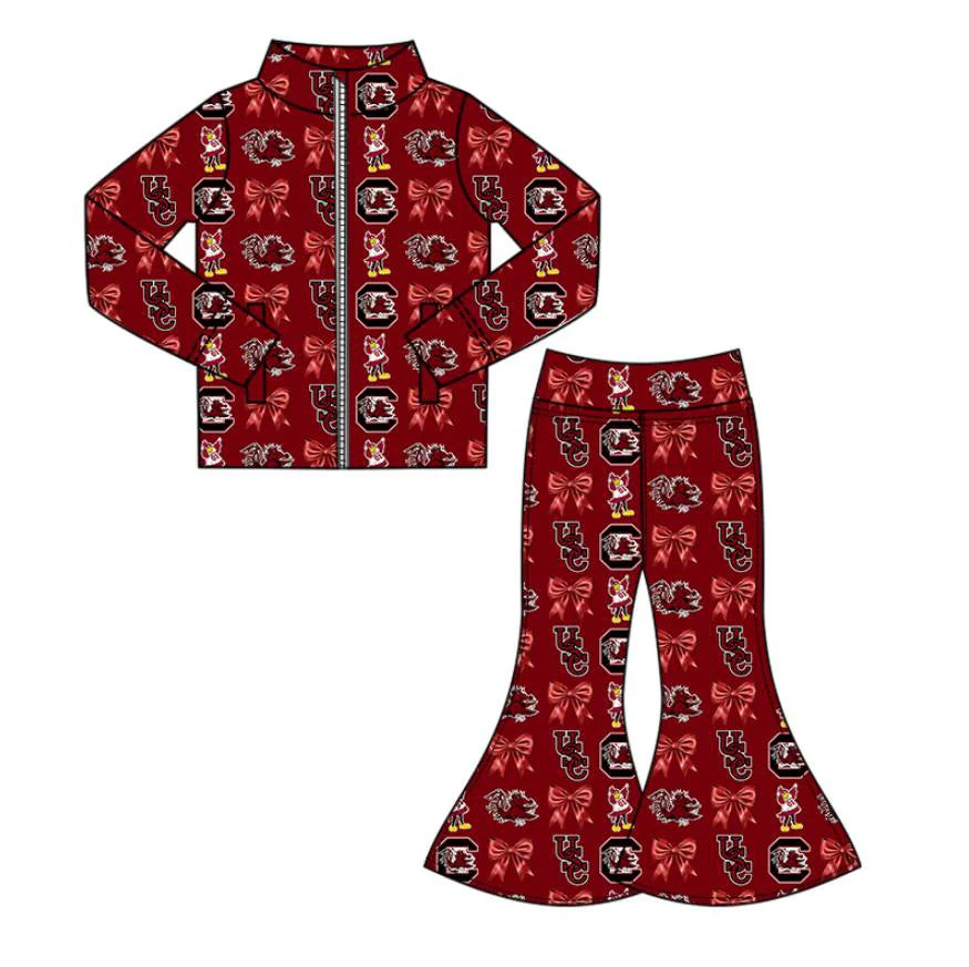 (Custom Design Preorder MOQ 5 Each Item)Team's Gamecock Bows Wine Print Girls Matching Clothes