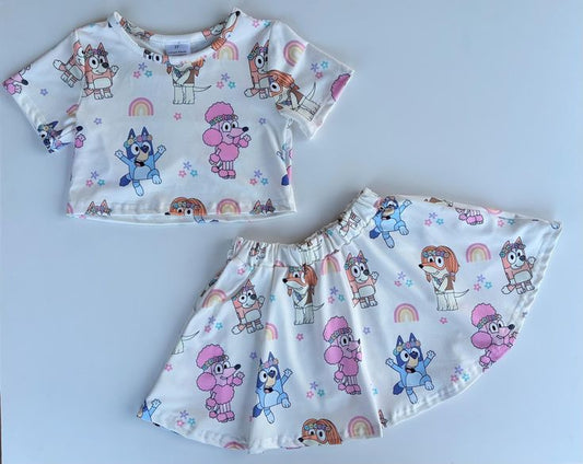 (Custom Design Preorder MOQ 5) Cartoon Dog Print Girls Summer Skirts Clothes Set