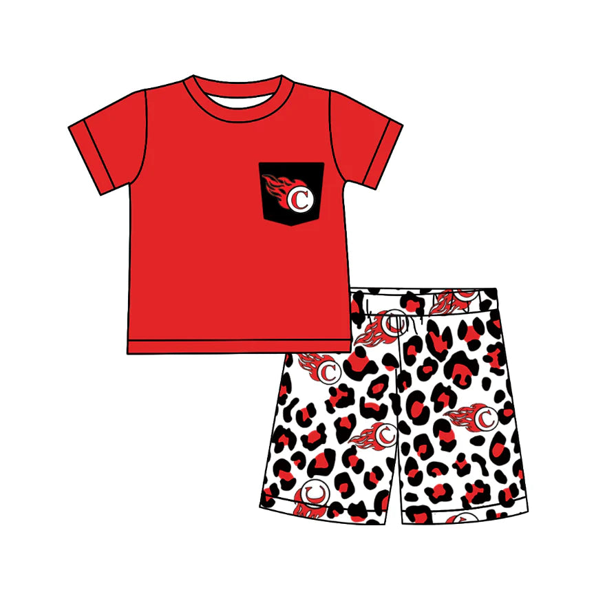 (Custom Design Preorder MOQ 5) Team's CARDINAL Red Print Boys Summer Clothes Set