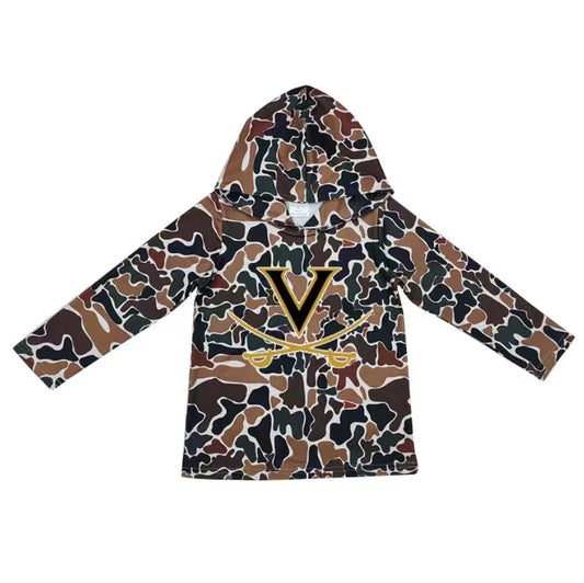 (Custom Design Preorder MOQ 5) Team Vanderbilt Brown Camo Print Kids Long Sleeve Hoodie Top