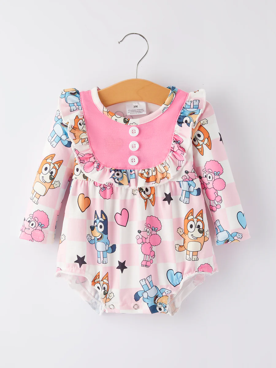 (Custom Design Preorder MOQ 5) Cartoon Dog Heart Print Baby Girls Valentine's Day Romper