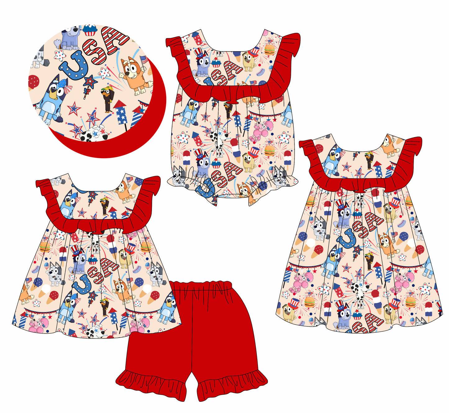 3.10(Custom Design Preorder MOQ 5 Each Design) Cartoon Dog USA Stars Print Girls 4th of July Matching Clothes Sisters Wear