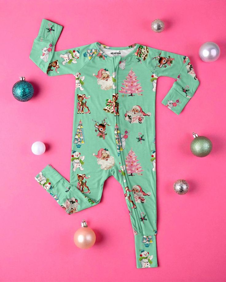 (Custom Design Preorder MOQ 5)  Santa Green Print Baby Christmas Sleeper Zipper Romper