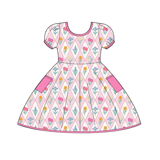 (Custom Design Preorder MOQ 5) Colorful Flowers Print Pockets Girls Summer Knee Length Dress