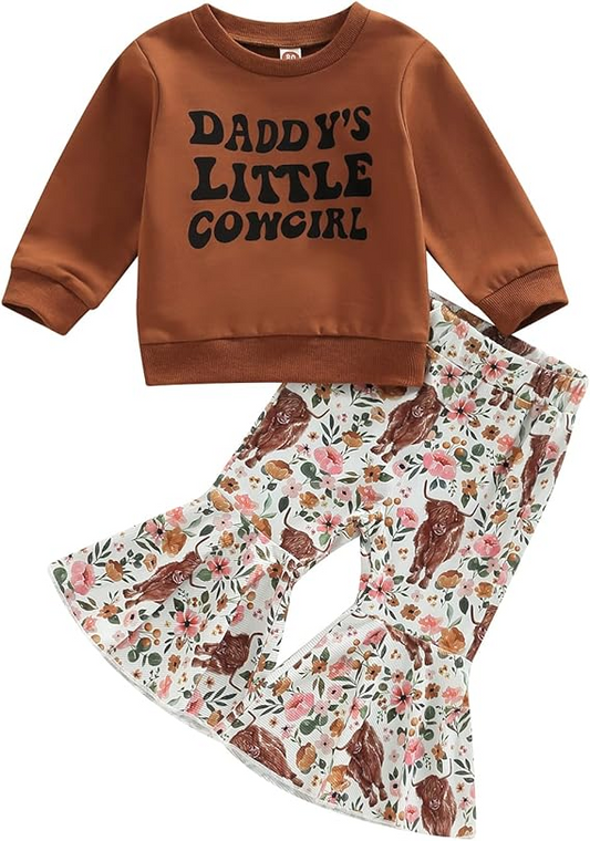 (Custom Design MOQ 5) Daddy's Little Cowgirl Print Girls Bell Pants Western Clothes Set