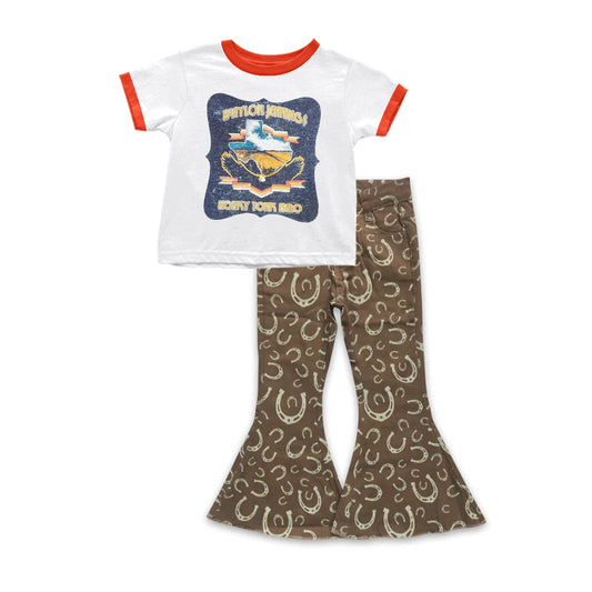 (Custom Design Preorder MOQ 5) Ranch Hand Top Brown Horseshoe Jeans Girls Western Clothes Set