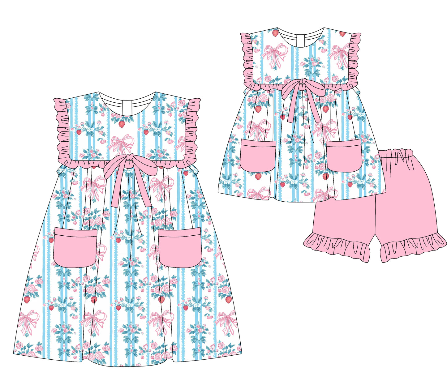 3.5(Custom Design Preorder MOQ 5 Each Design) Small Flowers Bows Print Pockets Girls Summer Matching Clothes Sisters Wear