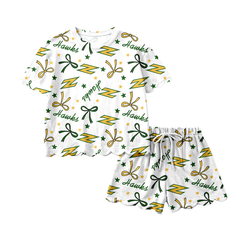 (Custom Design Preorder MOQ 5) Teams Hawks Bows Print Girls Summer Scallop Clothes Set