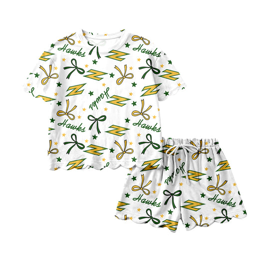 (Custom Design Preorder MOQ 5) Teams Hawks Bows Print Girls Summer Scallop Clothes Set