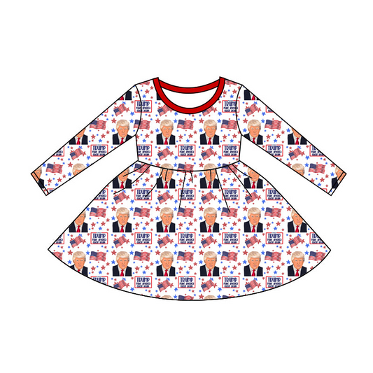 (Custom Design Preorder MOQ 5 ) Trump Flag Print Girls Knee Length Dress