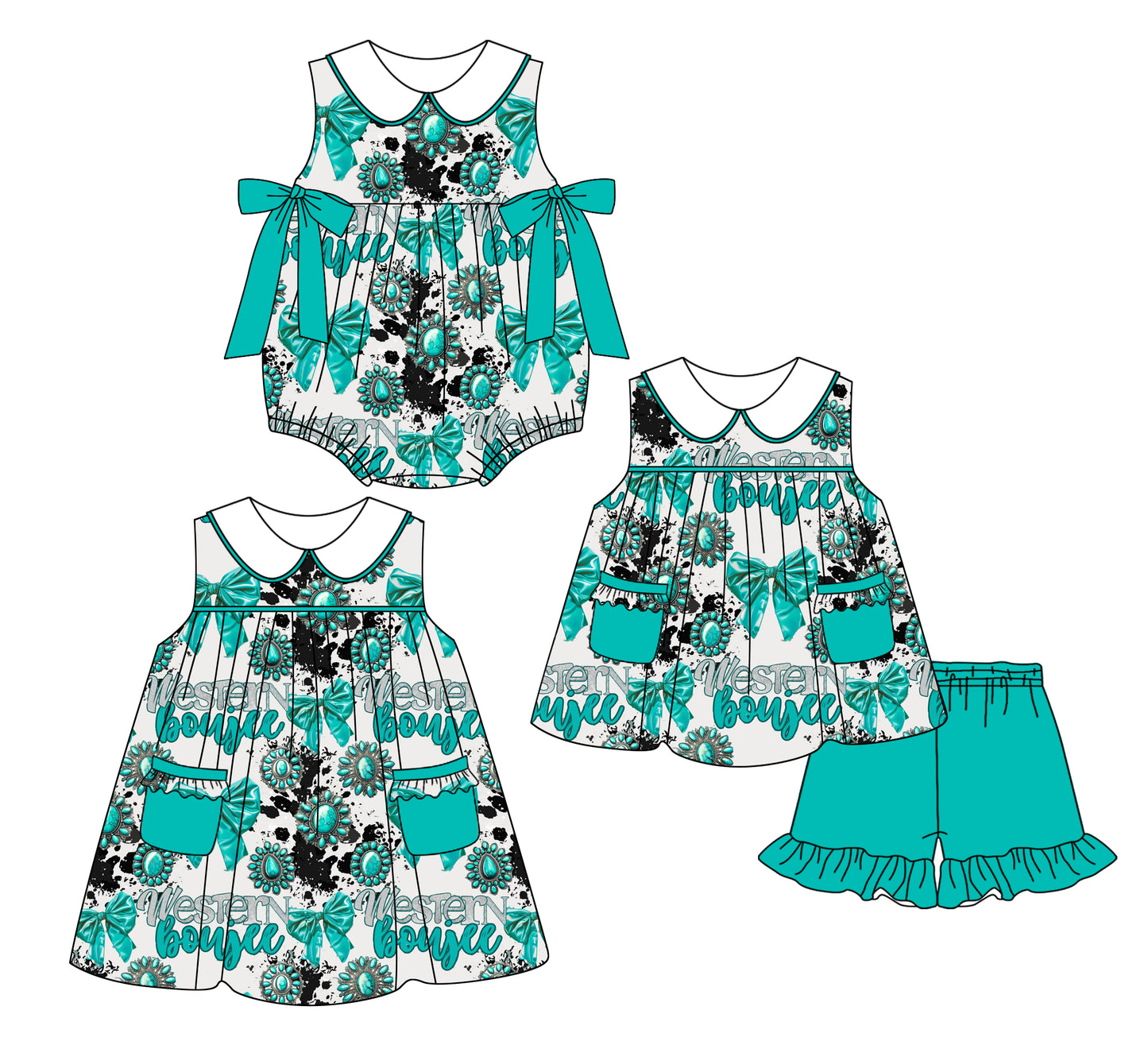 2.24(Custom Design Preorder MOQ 5 Each Design) Turquoise Bows Western Print Girls Summer Matching Clothes Sisters Wear