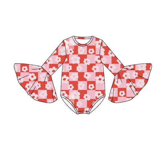 (Custom Design Preorder MOQ 5) Pink Plaid Flowers Print Baby Girls Valentine's Romper