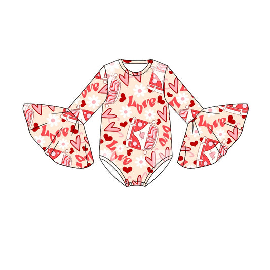 (Custom Design Preorder MOQ 5) Pink Heart Bus Print Baby Girls Valentine's Romper