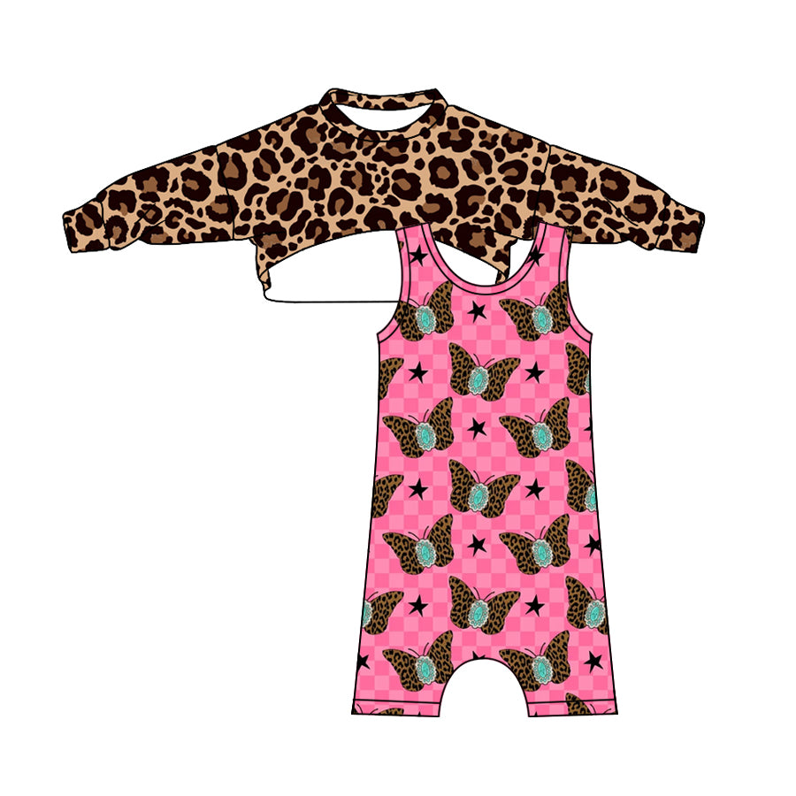 (Pre-order)GLP2329 Leopard Tulle Top Butterfly Turquoise Leopard Jumpsuits Girls Western Clothes Set