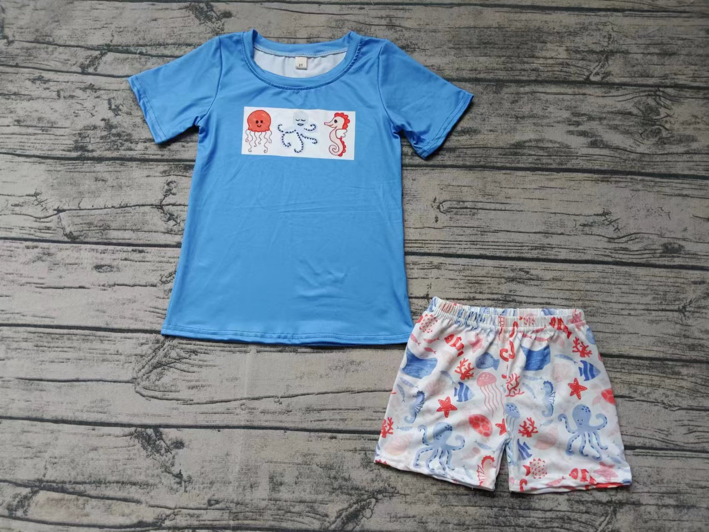 (Custom Design Preorder MOQ 5) Marine Organism Print Boys Summer Clothes Set