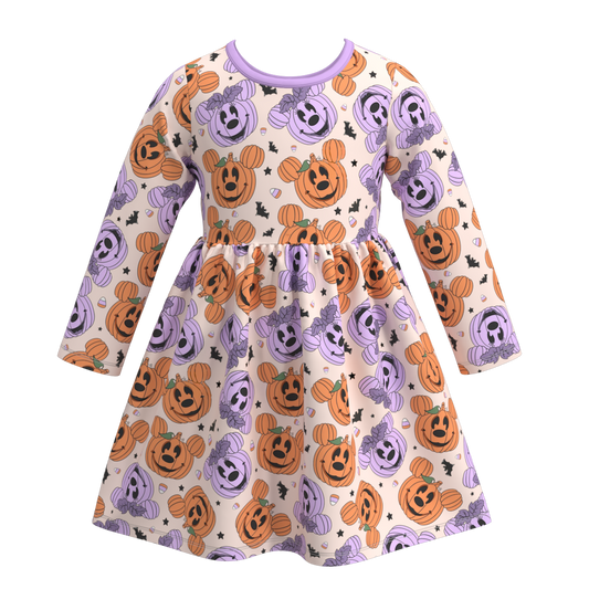 (Custom Design Preorder MOQ 5) Cartoon Mouse Pumpkin Print Girls Knee Length Halloween Dress