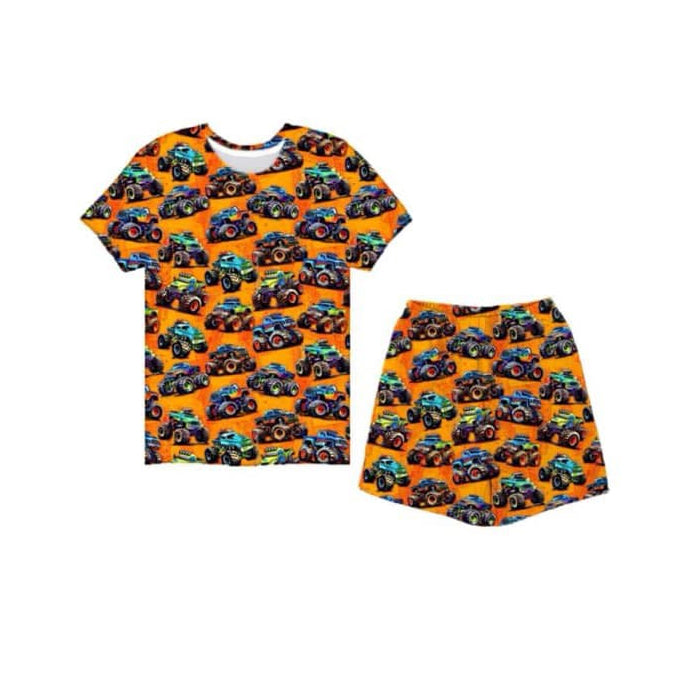 (Custom Design Preorder MOQ 5) Monster Truck Print Boys Summer Clothes Set