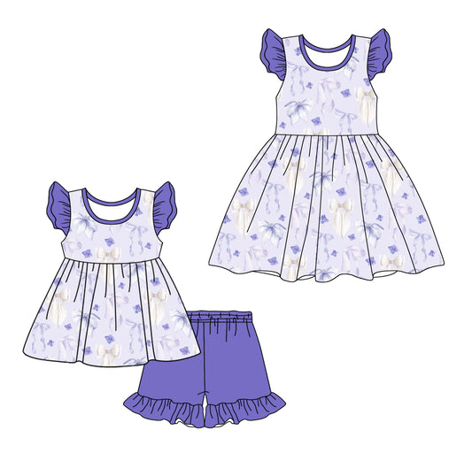 12.11(Custom Design Preorder MOQ 5 Each Design) Purple Bows Print Girls Summer Matching Clothes Sisters Wear