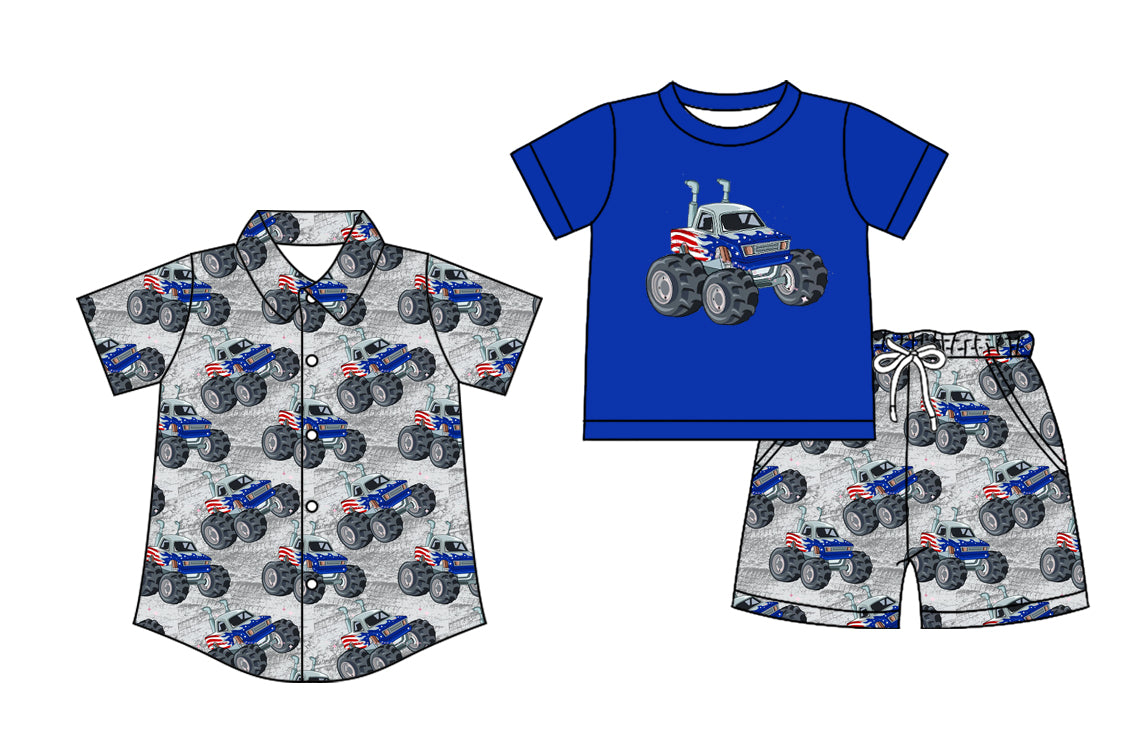 4.14(Custom Design Preorder MOQ 5 Each Design) Monster Trucks Print Boys Summer Matching Clothes Brothers Wear