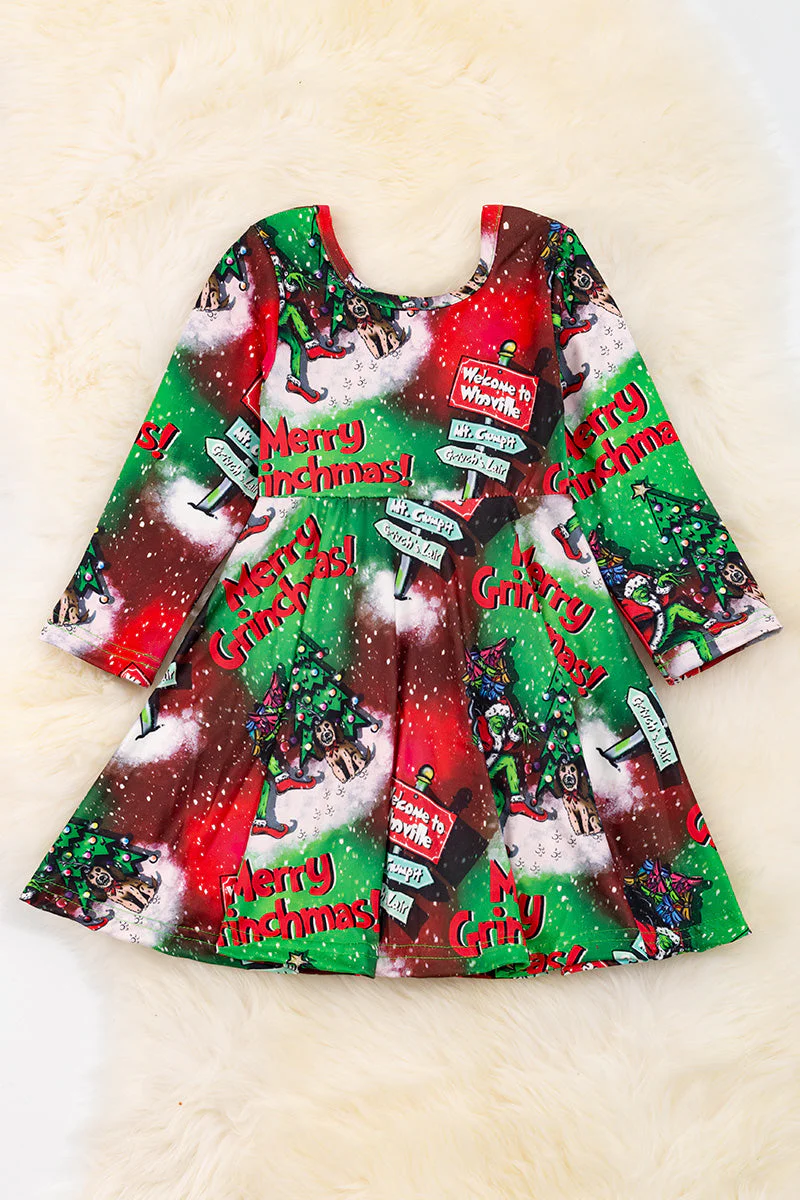 (Custom Design MOQ 5) Green Christmas Frog Print Knee Length Dress