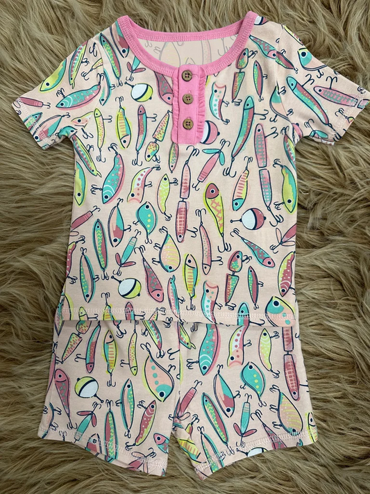 (Split Order Preorder) Deadline Aug 26 Fishing Print Shorts Girls Summer Pajamas Clothes Set
