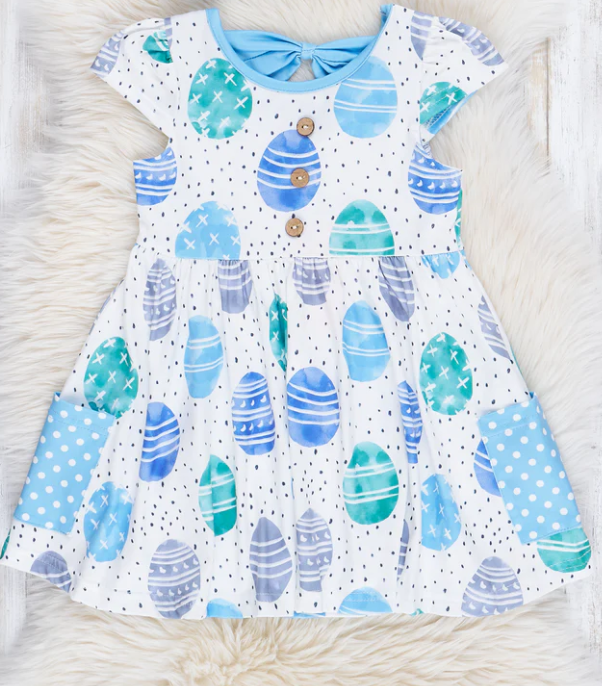 (Custom Design Preorder MOQ 5) Eggs Blue Print Pockets Girls Easter Knee Length Dress