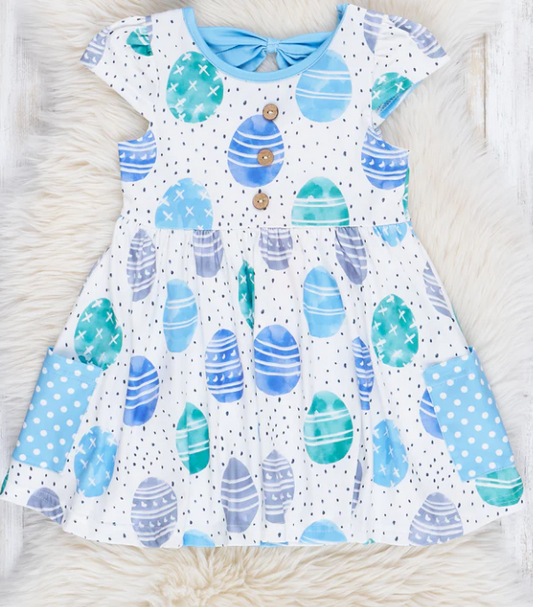 (Custom Design Preorder MOQ 5) Eggs Blue Print Pockets Girls Easter Knee Length Dress