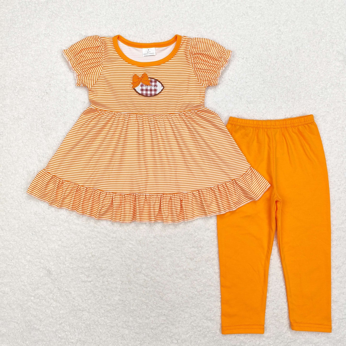 4 Colors Football Embroidery Stripes Tunic Top Orange Pants Girls Clothes Set