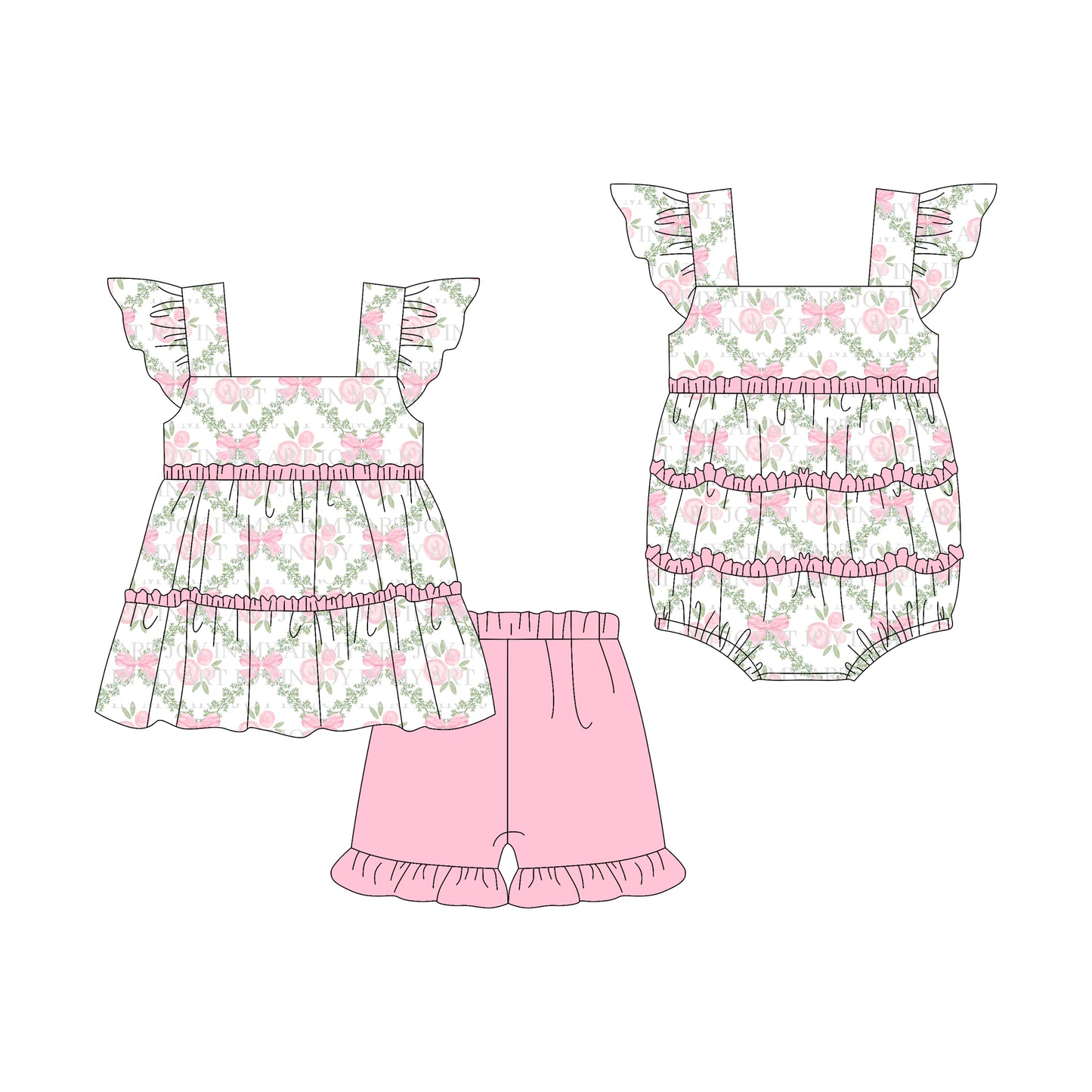 3.7(Custom Design Preorder MOQ 5 Each Design) Pink Flowers Bows Print Girls Summer Matching Clothes Sisters Wear
